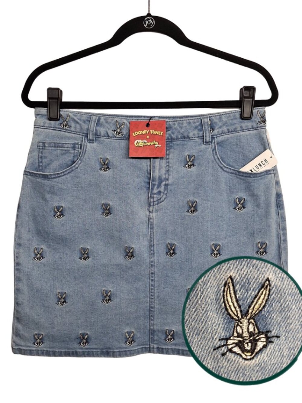 CAKEWORTHY LOONEY TUNES Bugs Bunny Denim Skirt Embroidered Mini Blue Jean 12 NWT